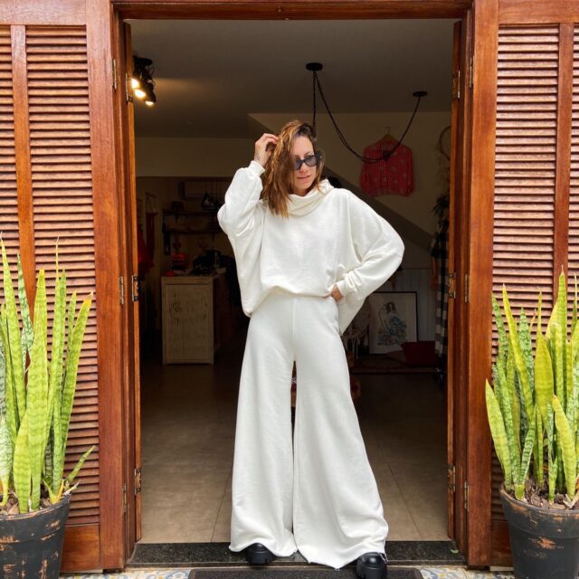 Calça Boho Moletom Off White