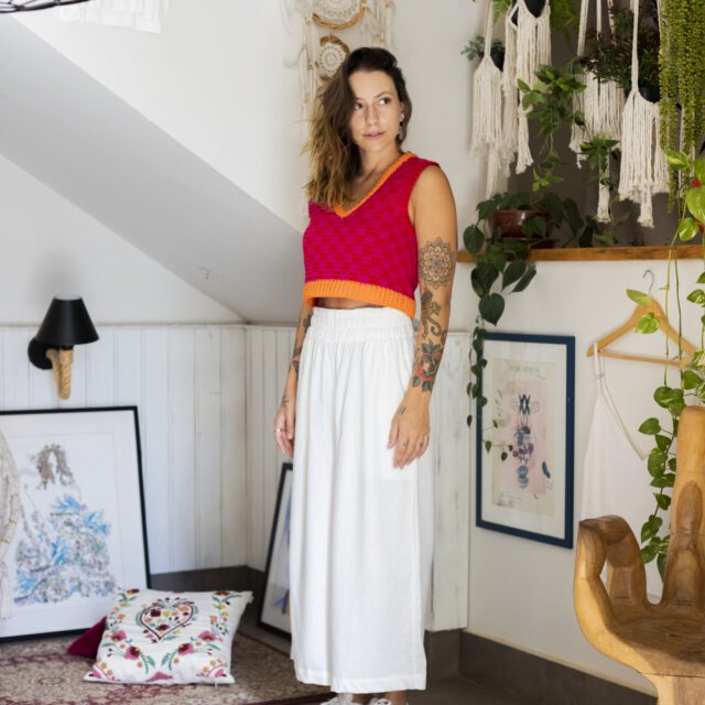 Calça Pantacourt Linho Off White Cós Alto