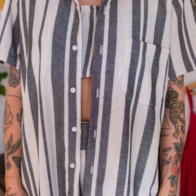 Camisa Linho Listrado Cru e Preto