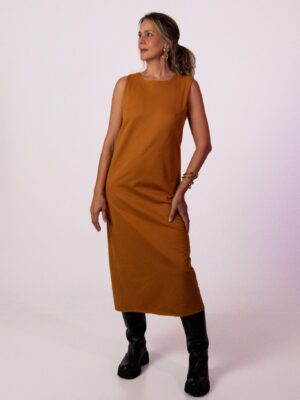 Vestido Midi Recortes Amêndoa
