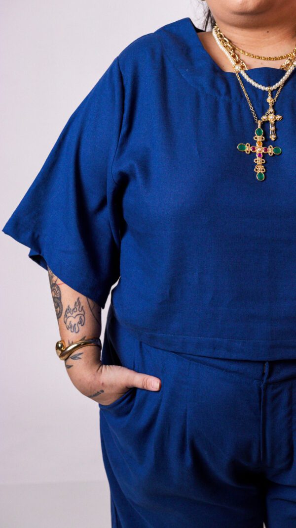 Cropped Cubo Linho Azul Jeans