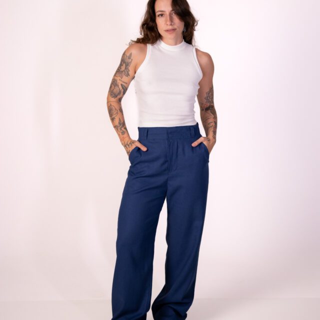 Calça Itália Reta Linho Azul Jeans