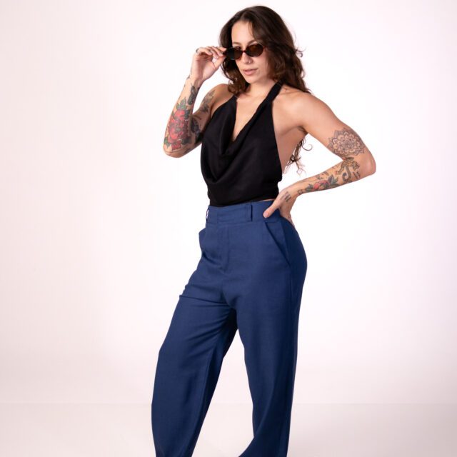 Calça Itália Reta Linho Azul Jeans - Imagem 5